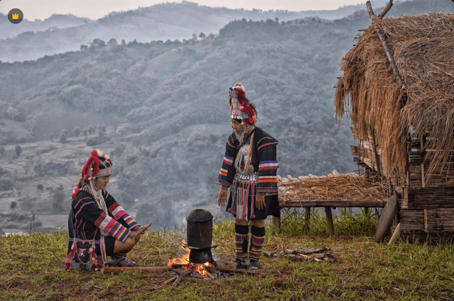 Travelers walking a highland path in Nepal